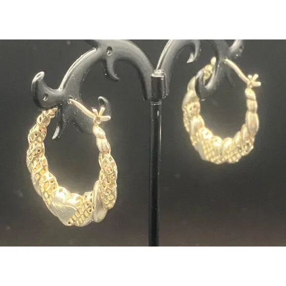 Sterling Silver 925 Heart Hoop Earrings Textured Diamond Cut Thailand 1" 2.62g - Picture 4 of 9